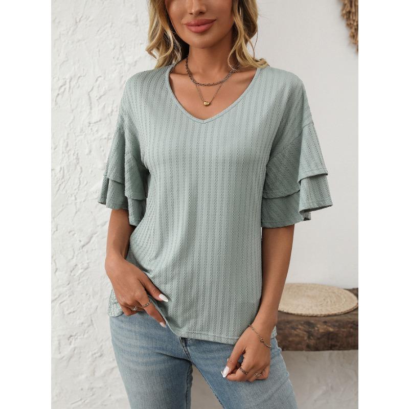 Женская весна-лето, новые однотонные футболки с коротким рукавом и V-образным вырезом, оборками на рукавах