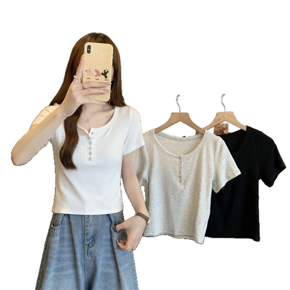 Шикарная летняя футболка с коротким рукавом приталенного кроя в корейском стиле для женщин