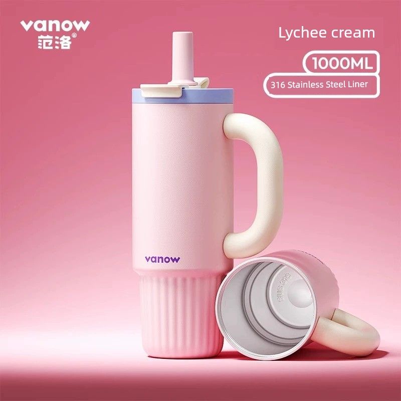 British Vanow Large-Capacity Thermos Cup for Men and Women, Simple Solid Color Ceramic Inner Tube, Straw, Ice Cup
