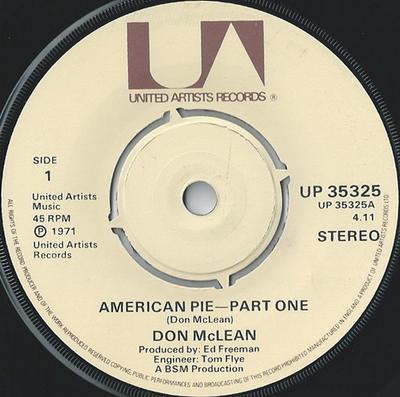 7-дюймовая пластинка ДОН МАКЛЕАН - Американский пирог UP35325 United Artists 1972 Великобритания Рок Б/У
