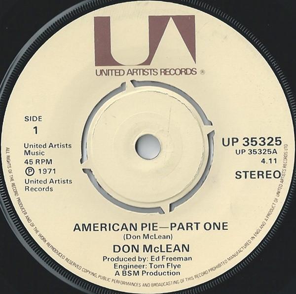 7-дюймовая пластинка ДОН МАКЛЕАН - Американский пирог UP35325 United Artists 1972 Великобритания Рок Б/У
