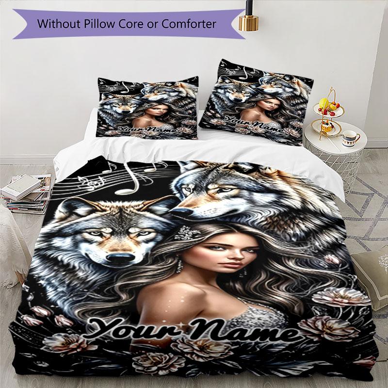 3PC Custom Name Wolf Spirit Connection Bedding Set Printed Bedding Set Duvet Cover Closure Includes 1 Duvet Cover & 2 Pillowcases for All Seasons Bedr