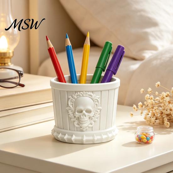 Halloween Room Decoration Gothic Skull Pen Holder, 3D Printed PLA Stationery Organizer, Creative Gift for Men Theme Container Makeup Brushes