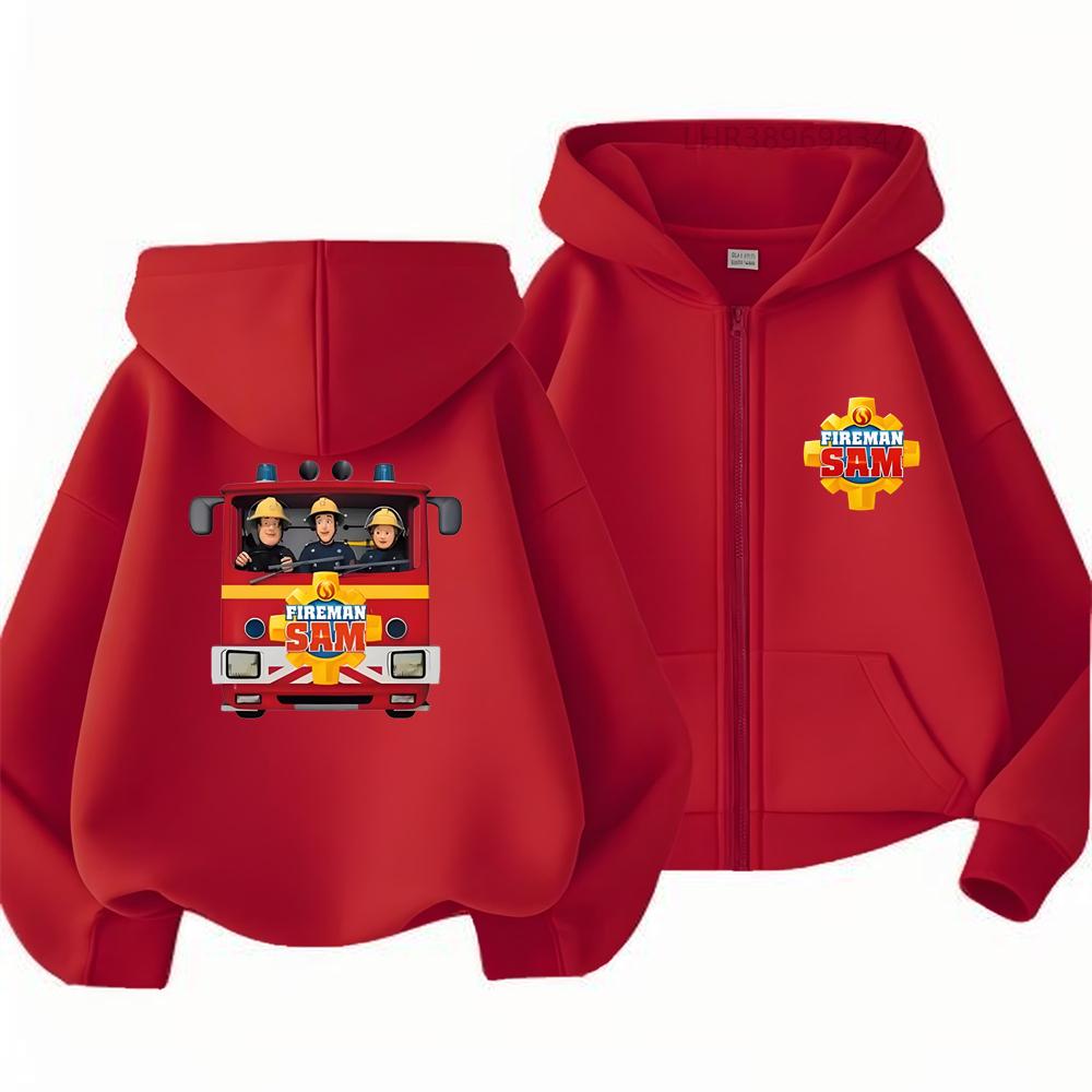 Thickened Autumn/Winter Hooded Zip-Up Sweatshirt for Kids–"Fireman Sam" Themed Long-Sleeve Top – Boys' & Girls' Apparel – Children's Role-Play Costume