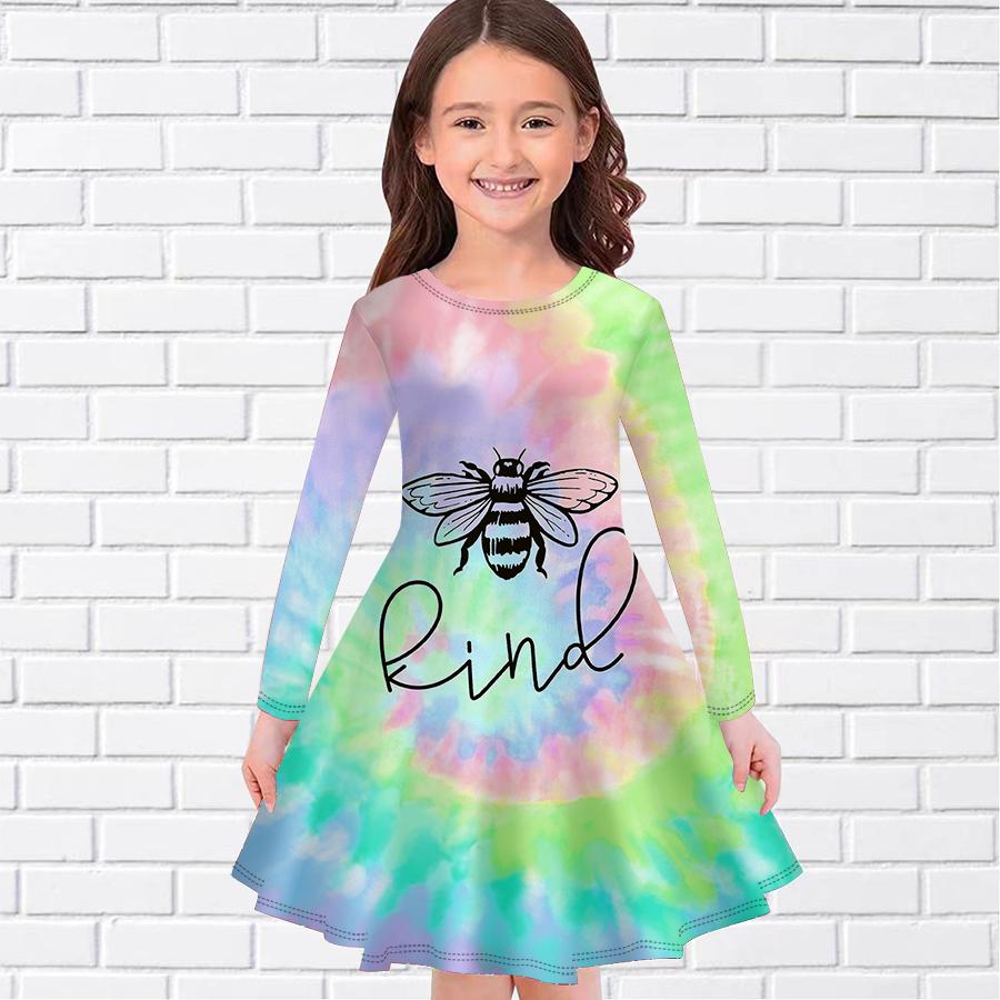 Повседневное платье для девочки с принтом маленькой пчелки и круглым вырезом, с длинными рукавами, детское платье принцессы