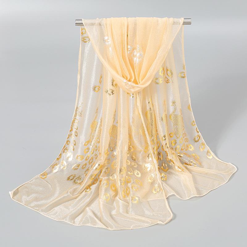 Элегантный однотонный шарф с принтом павлина, простой, яркий, золотой, с перьями феникса, легкий и удобный дорожный аксессуар, шаль для женщин