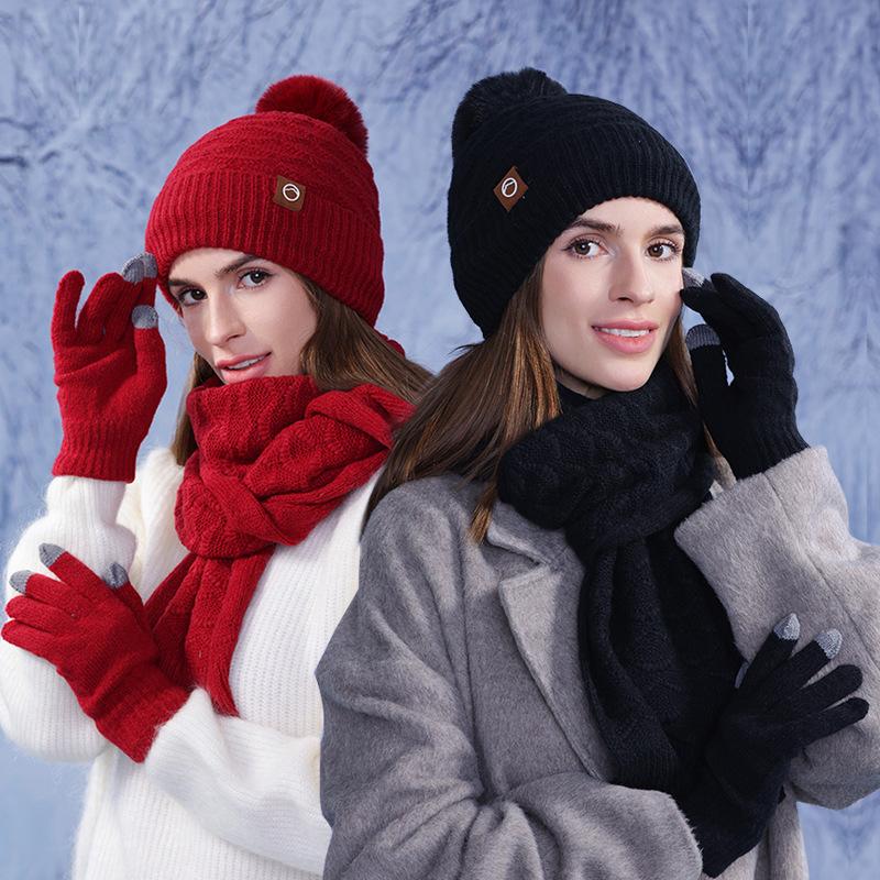 Winter Warm Hat Scarf Gloves Three-piece Set Women's Outdoor Velvet Thick Earmuffs Knitted Wool Cap