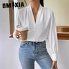 Spring and Winter Long Sleeve Shirt Design Sense V-neck Solid Color Loose Top Autumn Shirt