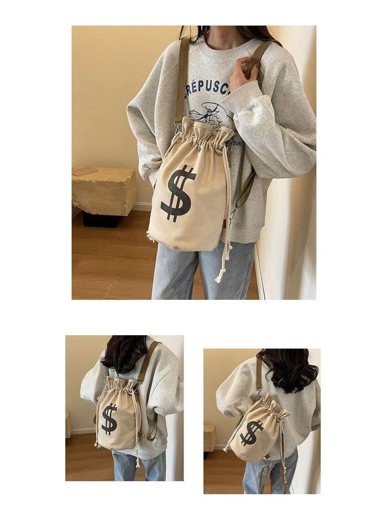 Women's Large Capacity Canvas Drawstring Backpack: Multifunctional, Fashionable, Versatile Single Shoulder & Crossbody Bucket Bag