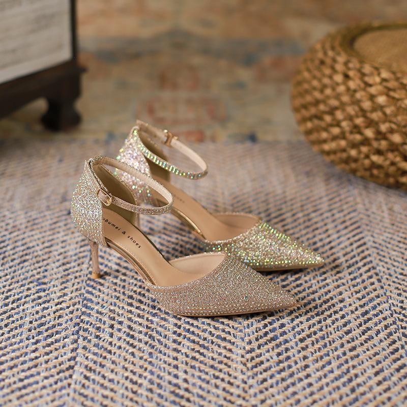 Босоножки на высоком каблуке со стразами, пикантные туфли на высоком каблуке с пряжкой, острые сандалии на шпильке, женские