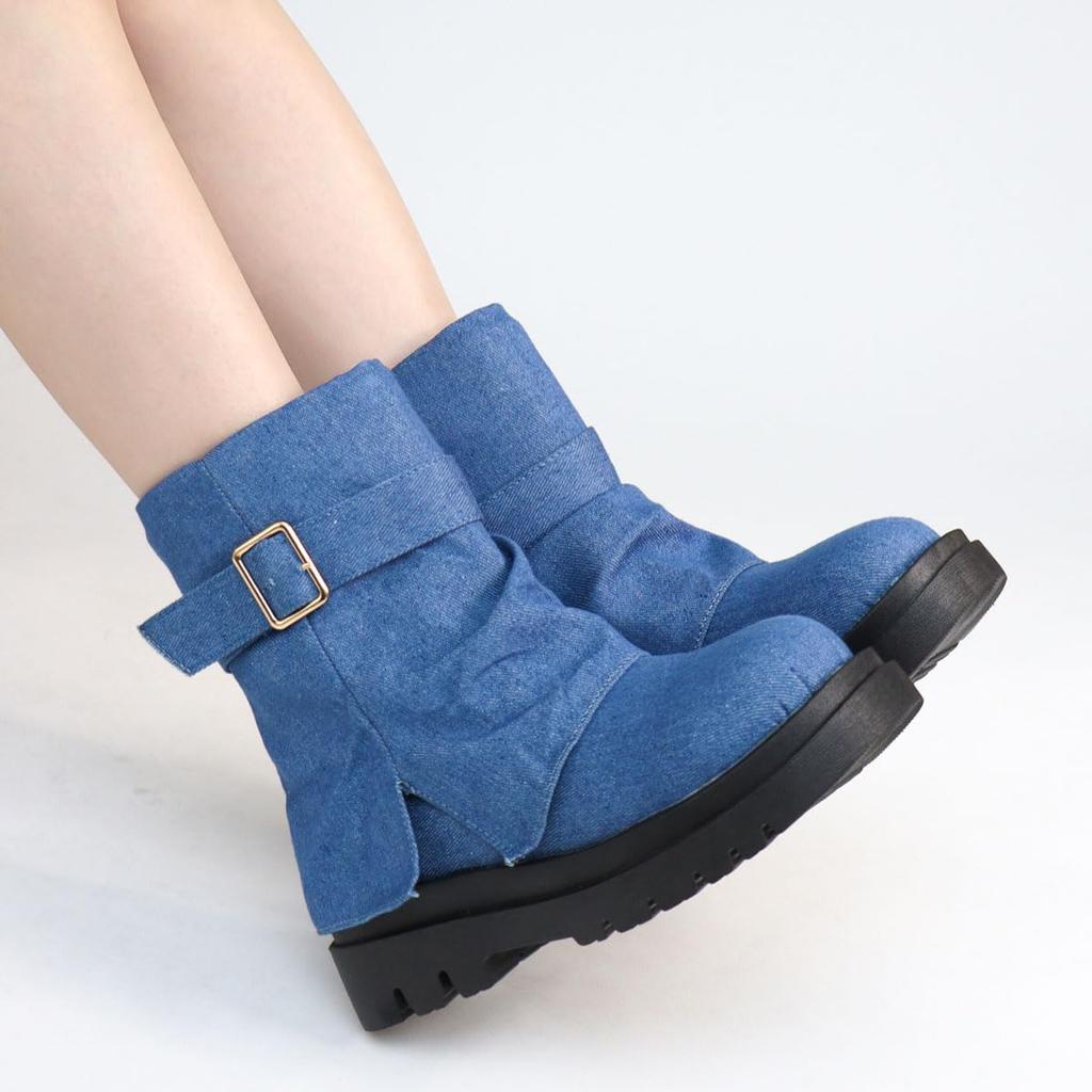 Короткий голенище толстый 5см красивый круглый мягкий ПУ синтетический большой размер японский размер обуви числовой [Liberty Doll] Женские ботинки, сапоги, драпировка, свободный,