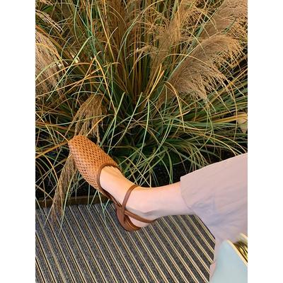 Версия из овчины ретро кожа солома плетеная сетка толстый каблук высокий каблук сандалии женские летние плетеные туфли сумка голова сандалии