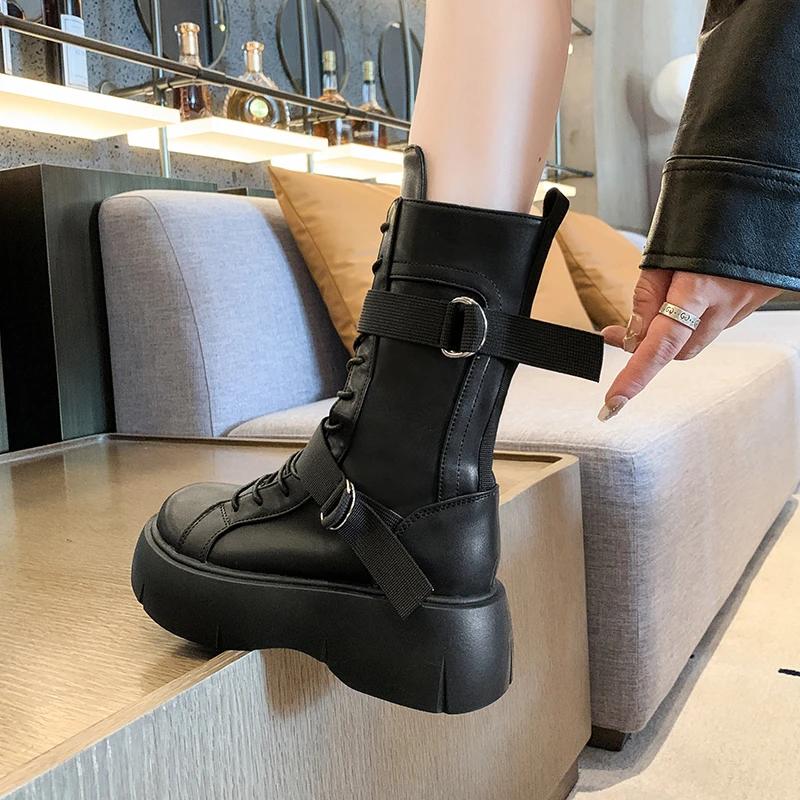 Женская обувь Брендовые женские сапоги до середины голени Модные современные сапоги с пряжкой на ремне Женские новые сапоги на платформе и каблуках с боковой молнией