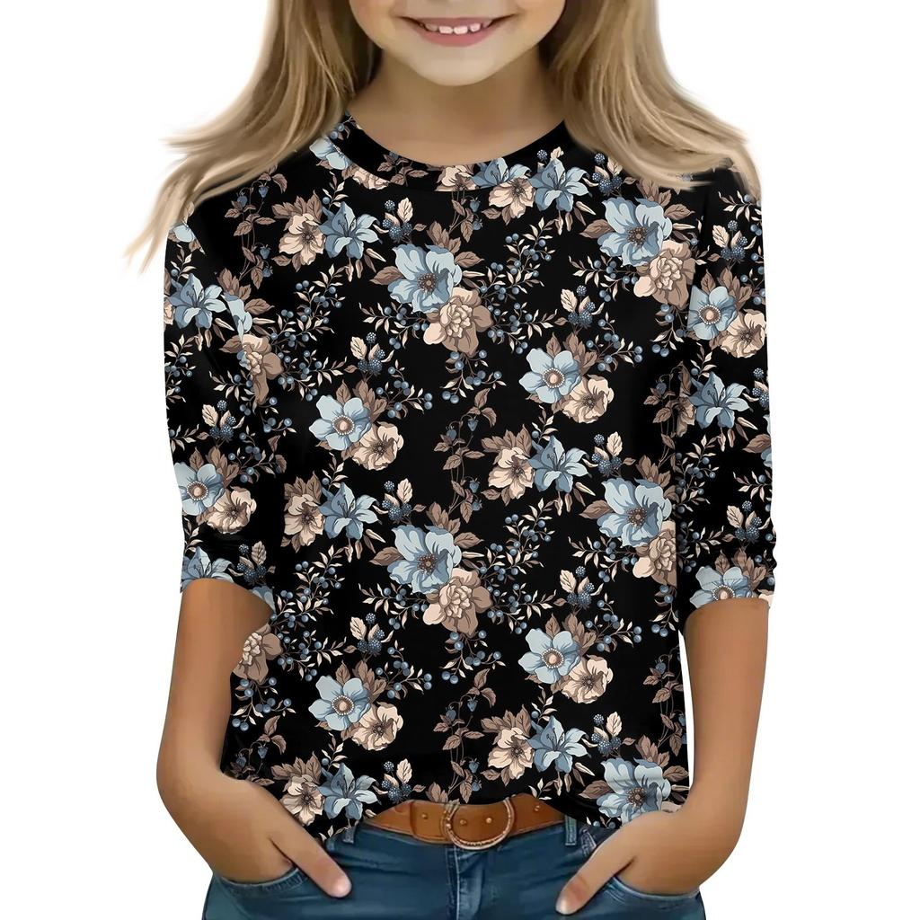 Детская футболка с рукавом 3/4, повседневная футболка с принтом, круглый вырез, блузка-пуловер