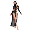 Fashion Women Sheer Dress Maxi Hollow Out Mesh Coverup with Long Sleeves Hooded Mask and High Slit, Sexy Party Club Wear