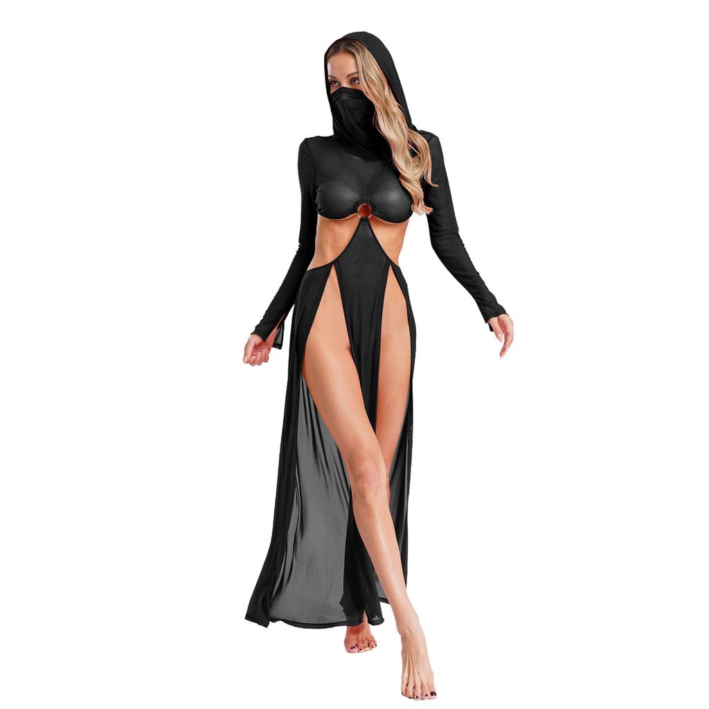 Fashion Women Sheer Dress Maxi Hollow Out Mesh Coverup with Long Sleeves Hooded Mask and High Slit, Sexy Party Club Wear
