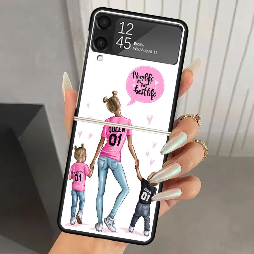 Чехол для телефона с принтом «Мама и малыш» из твердого ПК для Samsung Galaxy Z Flip 6 5 4 3 Черный чехол ZFlip6 Flip5 Flip4 5G Складные чехлы с принтами