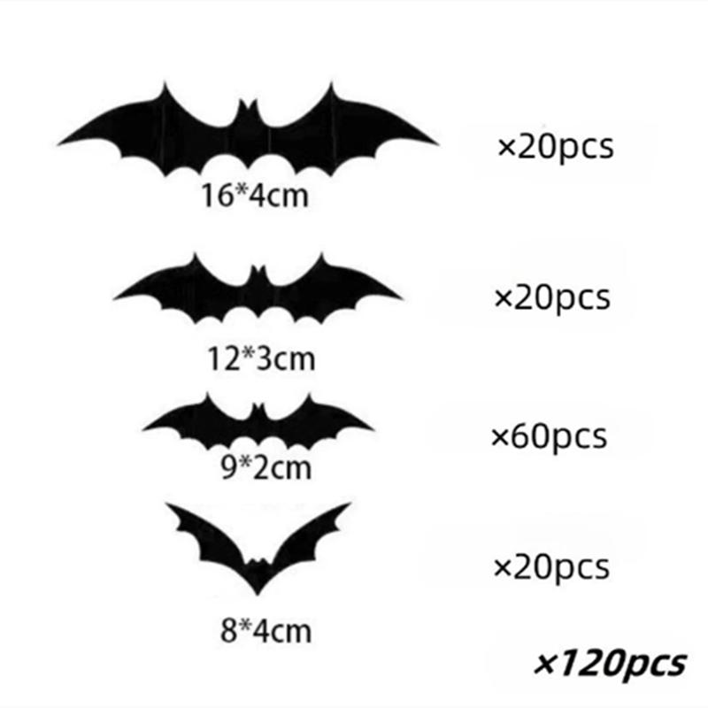 120Pcs 3D Bat Halloween Decoration Stickers for Home Decor 4 Size Waterproof Black Spooky Bats for Room Decals