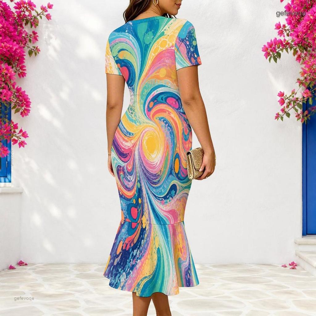 Women Plus Size V Neck Short Sleeve Printed Black Pink Fitted Fishtail Dress