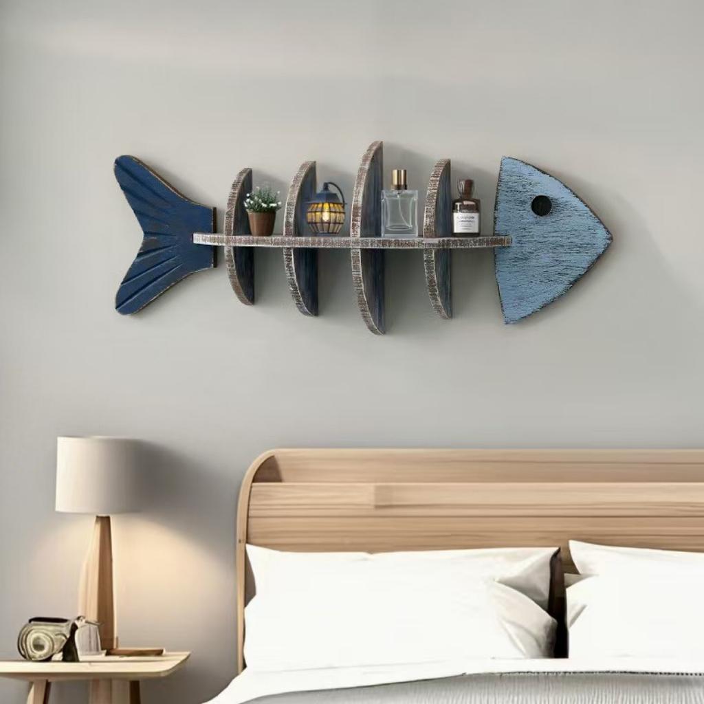 Nordic-Mediterranean Wooden Fish Skeleton Wall Shelf - Decorative Hanging Storage for Coastal Home Decor