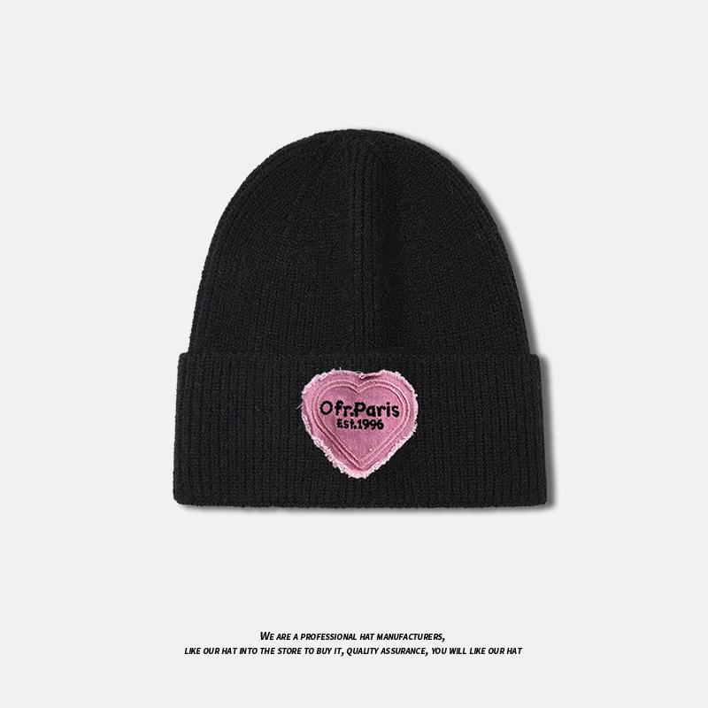 Love Patch Knitted Hat for Women in Autumn and Winter Versatile Fashionable Woolen Hat Large Head Circumference Warm Pullover Cold Hat