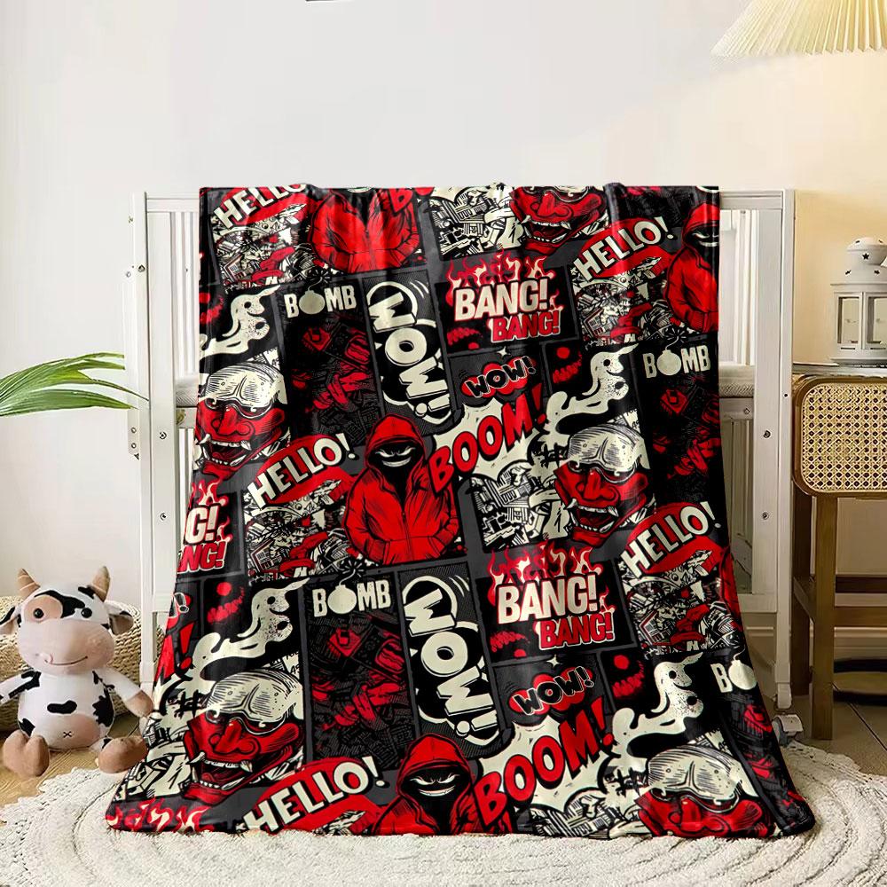 Comic-style collage with bold red, black, and white graphics and text. for all seasons blanket lunch break throw gift