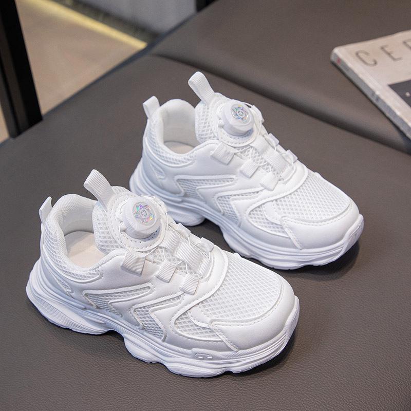 Summer new double-mesh white shoes with rotating buttons, children's sports shoes for boys and girls, soft-soled running dad shoes
