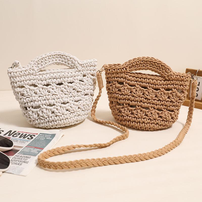 Spring/Summer Fashion Solid Color Small Handbag Art Retro Woven Shoulder Bag Hollow Mini Cute Crossbody Bucket Bag CLE