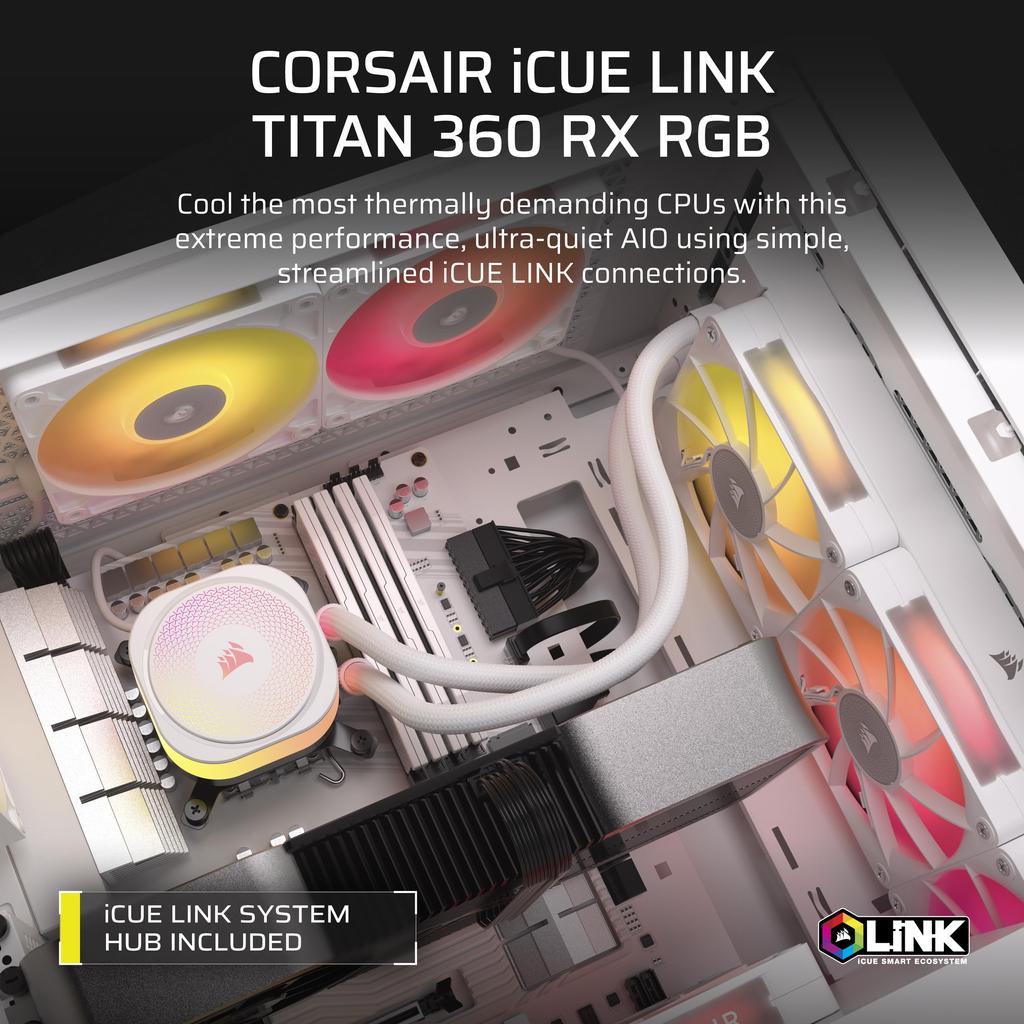 Corsair Жидкостный процессорный кулер ICUE LINK TITAN 360 RX RGB с вентилятором RX120 RGB, совместимый с системным концентратором LGA iCUE LINK, в комплекте белый – – Intel®