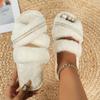 Fashion Pearls Cross Band Fluffy Slippers Women Indoor Open Toe Anti Slip Plush Slippers Woman Comfort Warm Soft Sole Home Slides Female