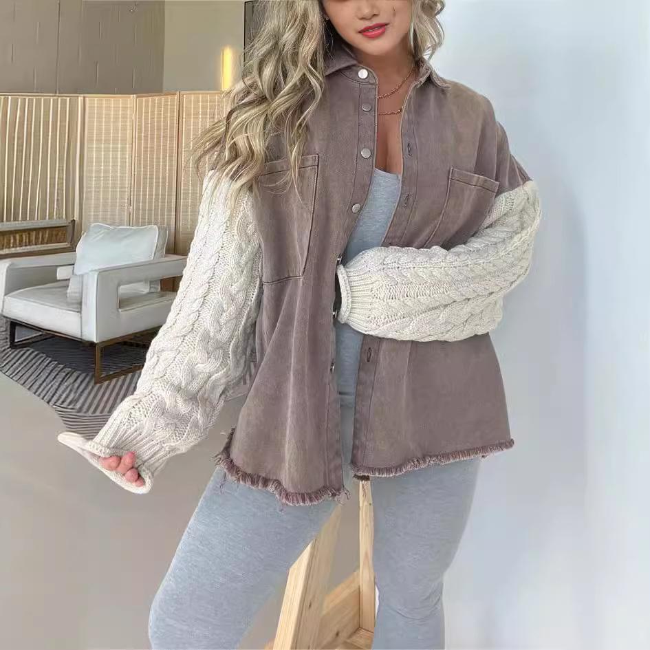2023 Cross-Border Women's Patchwork Knit Sleeve Denim Wool Jacket