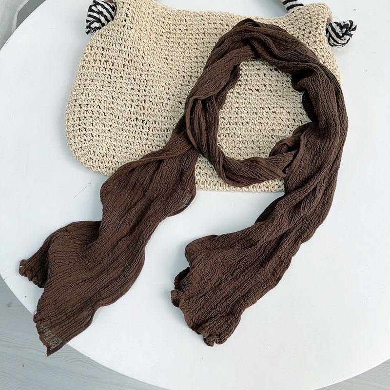 Retro Pleated Ramie Scarf Slender And Narrow Long Silk Scarf Japanese Mori Women Versatile Extended Neck Protector Scarf Shawl