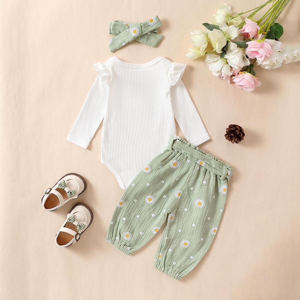 Baby Girls 3PCS Pants Sets White Long Sleeve Ruffle Romper Daisy Print Belted Pants Headband Sets