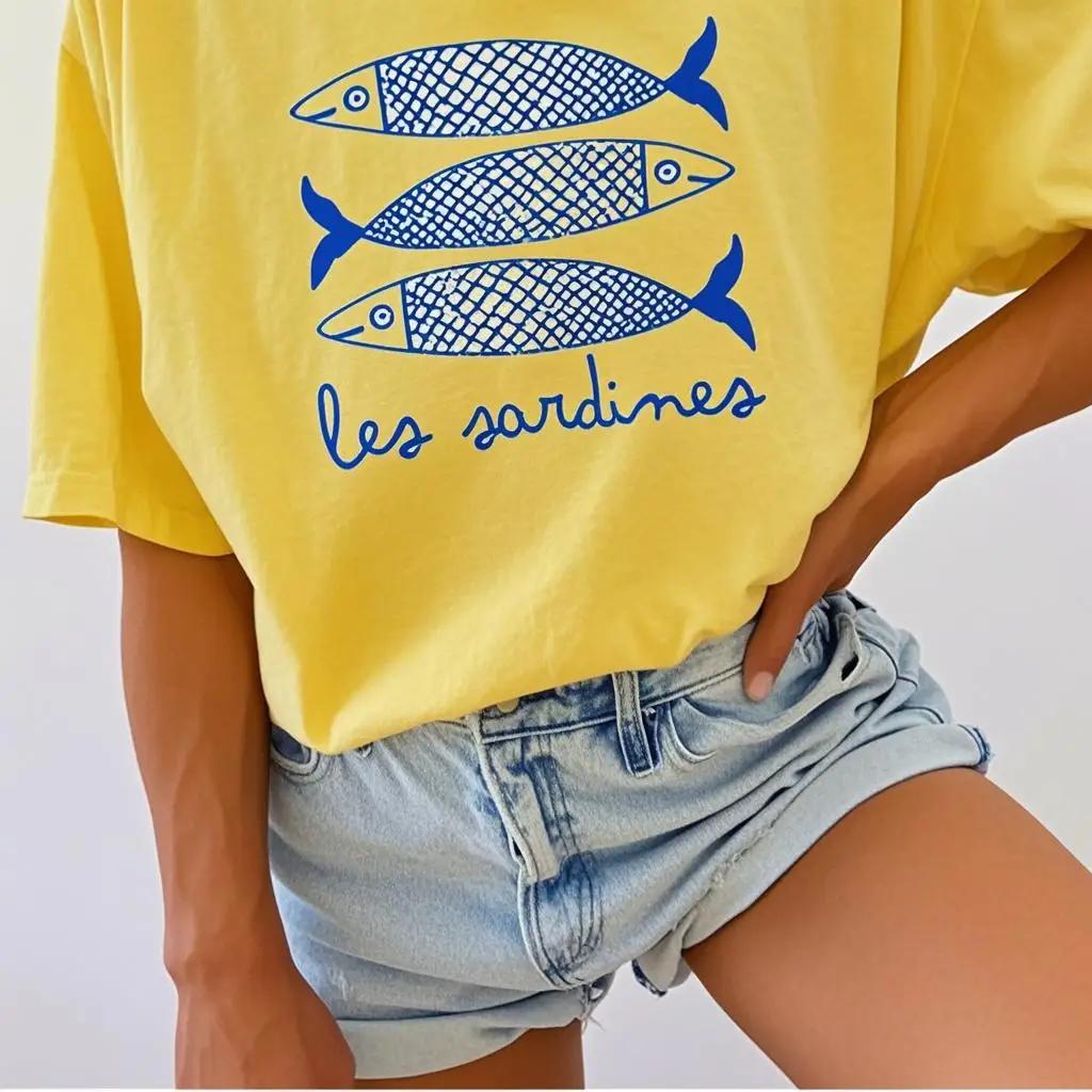 INAWLY Sardine Print Women T Shirt Canned Fish Casual Shirt Tomato Girl Coastal Summer Girl Fashionable Casual T-shirt