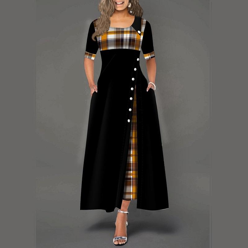 Женское модное элегантное длинное платье с коротким рукавом и клетчатым принтом на пуговицах, макси-платье