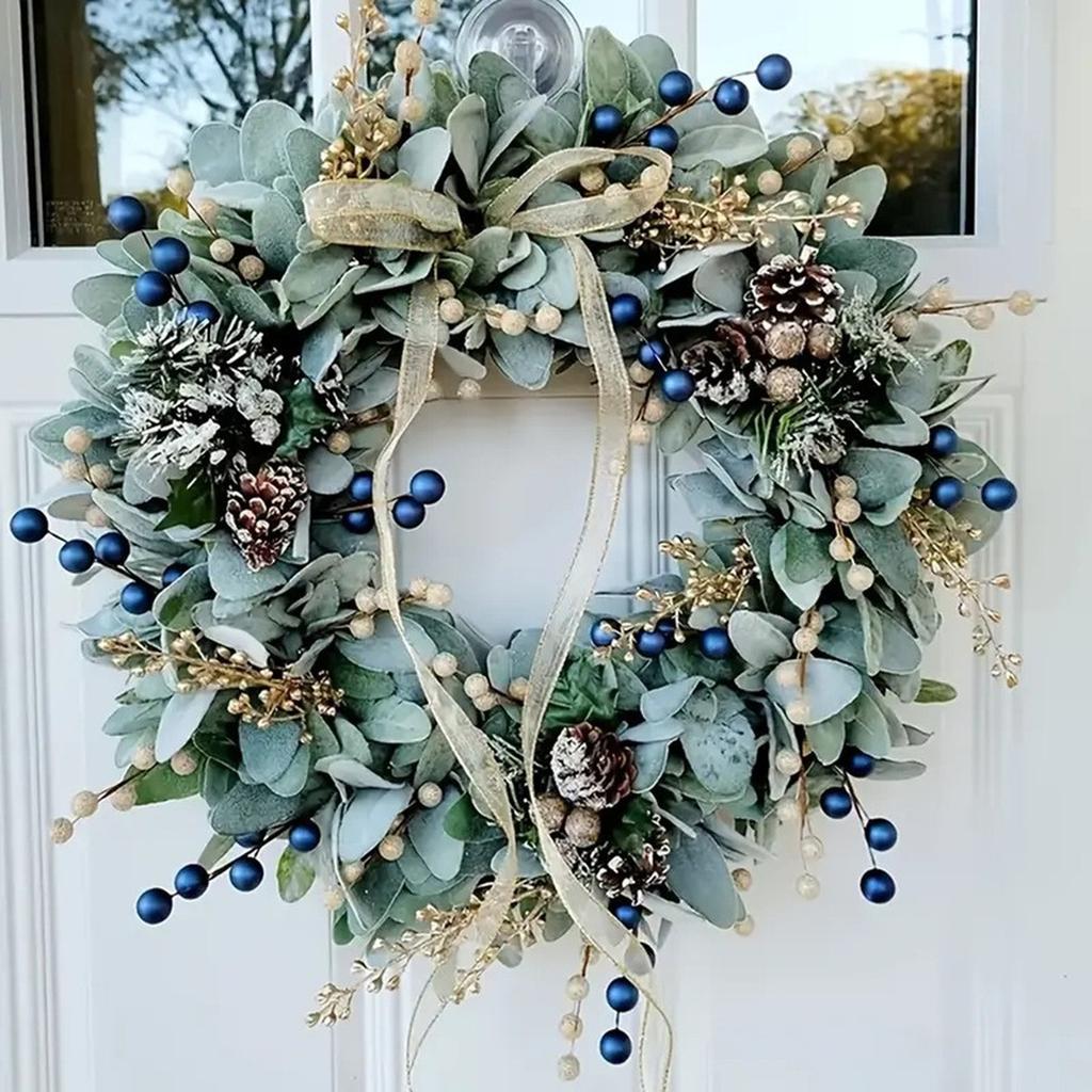 New Christmas Blue Berry Artificial Wreath Wedding Door Hanging Pinecone Decor