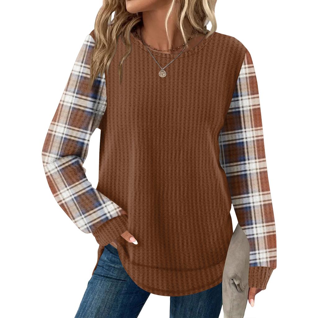 Женский повседневный топ свободного кроя с круглым вырезом и длинными рукавами в клетку