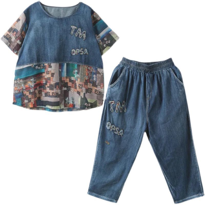 5XL Летние женские джинсовые комплекты весна-лето с принтом и строчкой Модные женские комплекты из тонкого денима укороченные брюки для мам из 2 предметов