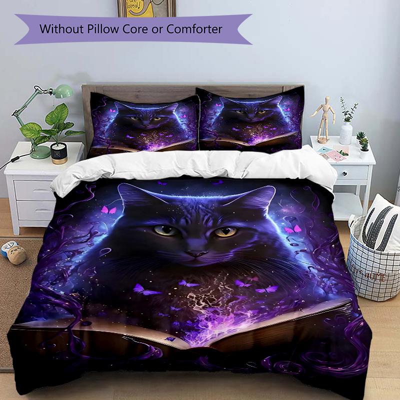3pcs Purple Butterfly Fantasy Cat Comforter Set with One Quilt Cover and Two Pillowcases (No Core) - Home Decor, Festival Gift, Polyester Fabric, Anim