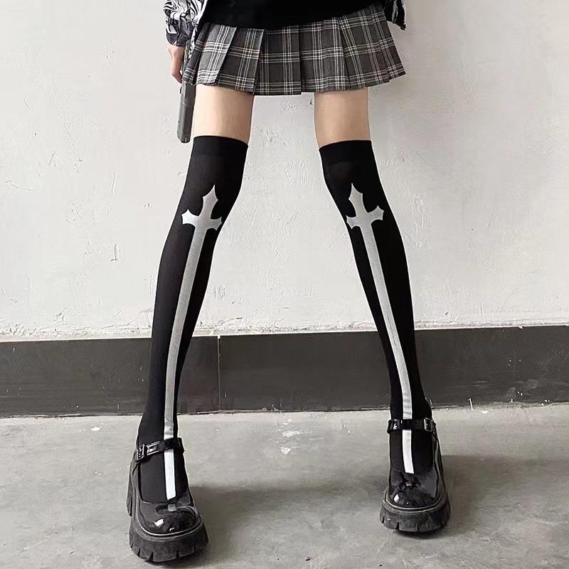 1 Pair of Cross Long Tube JK Socks Printed Knee Length Socks Velvet Material Performance Cos Stockings Stockings