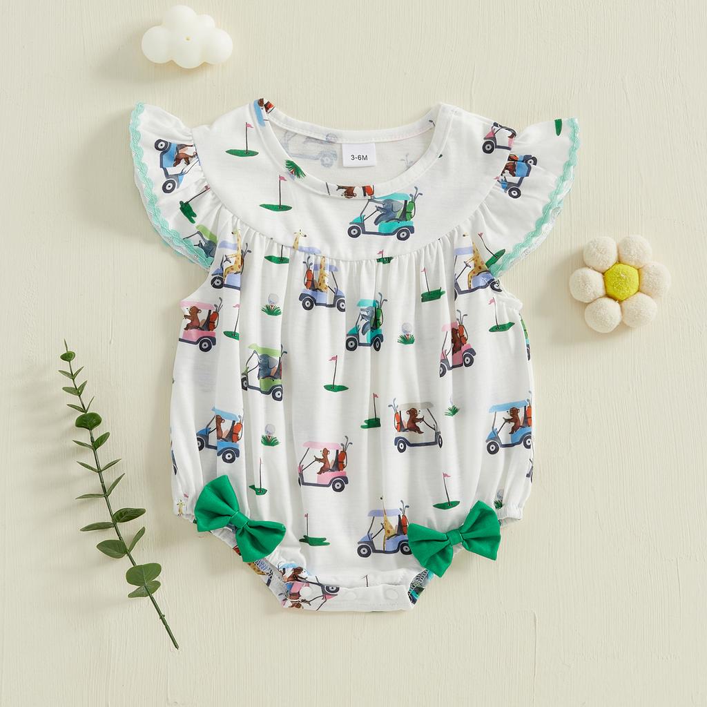 Baby Girl Summer Romper Adorable Golf Cart Animal Print Bow Fly Sleeve Round Neck Jumpsuit