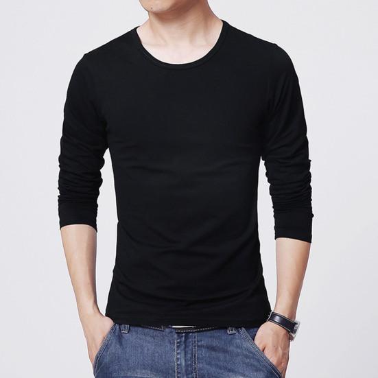 Men Top Solid Color Long Sleeve Round Neck Tee for Daily Wear Mid Length Lightweight Material Casual Style Sport Bottoming T-shirt