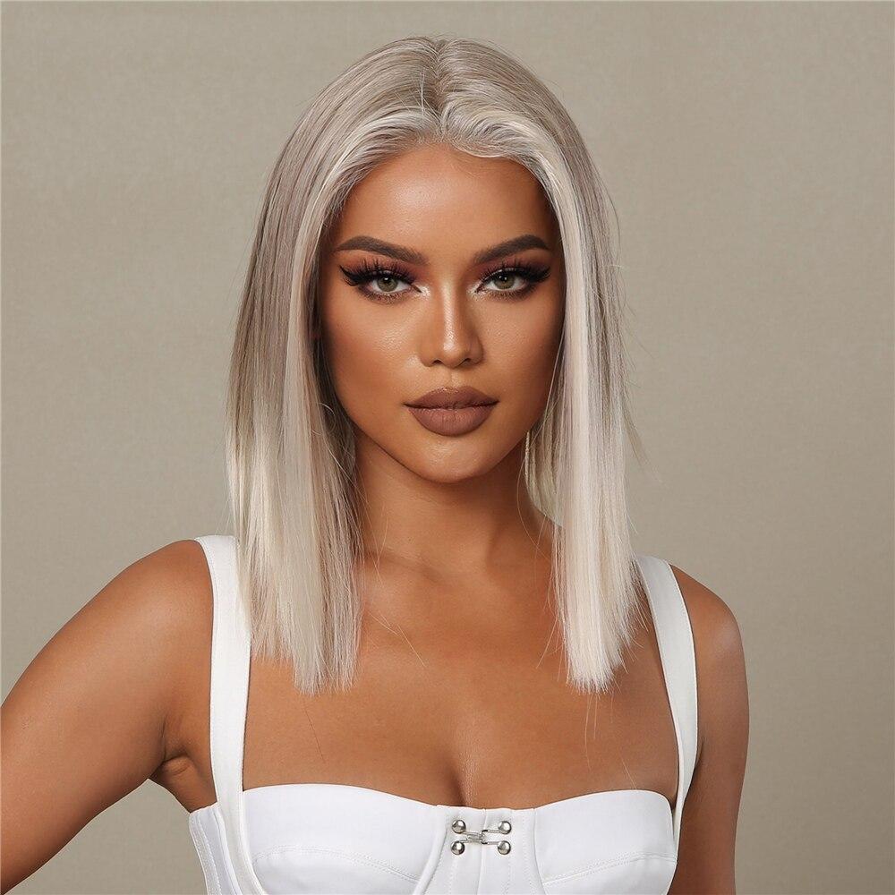 Блондинка, синтетический парик с кружевной передней частью, средней длины, омбре, от блондинки до платины для женщин, повседневные вечерние парики для косплея, термостойкие волокна волос