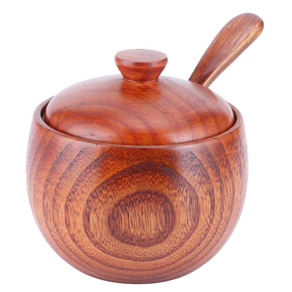 Wooden Salt Box with Lid Spoon Vintage Spice Jar Seasoning Container Cooking Utensil