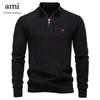 2025 Autumn and Winter Embroidery New Striped Jacquard Men's Plus Size Sweater, Half Zipper Stand Up Collar Business Sweater