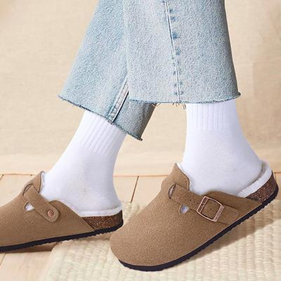 Модные Классические Зимние Мюли для Женщин и Мужчин Новые Зимние Меховые Замшевые Клоги Мягкая Пробковая Стелька Уютные Пушистые Тапочки с Регулируемой Пряжкой