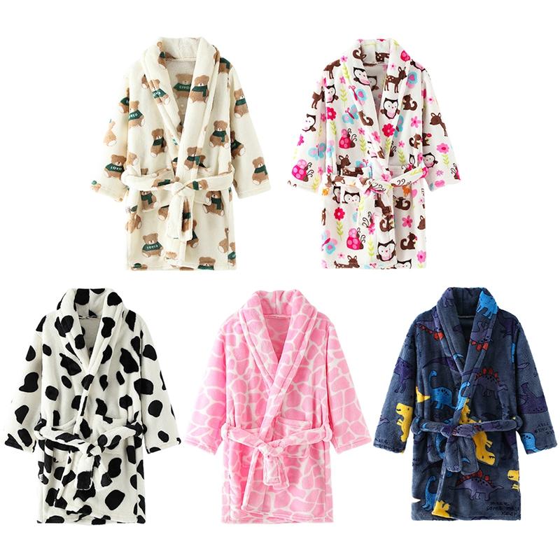 Kids Flannel Bathrobe Boys Girls Skin-friendly Soft and Comfortable Robe with Pockets