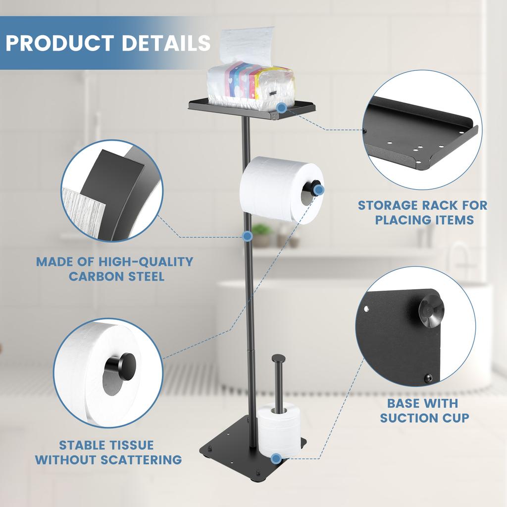 Stainless Steel Toilet Paper Stand Freestanding Rustproof Toilet Paper Roll Holder Paper Rack With Top Shelf for Home Bathroom