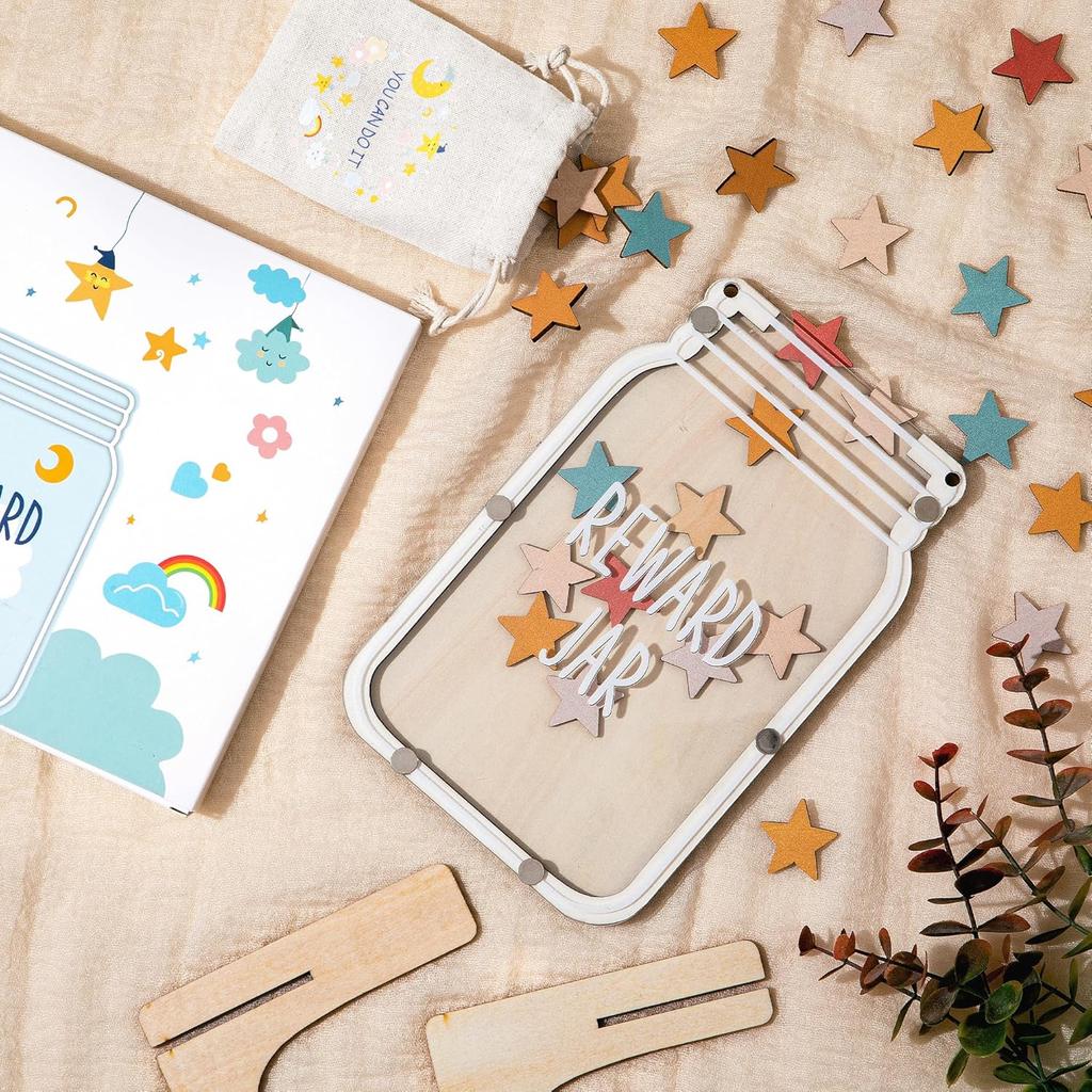 Magnetic Star Reward Jar for Kids, Personalized Reward System for Behavior Management at School Classroom Home Wooden Boho Potty Training Jar for