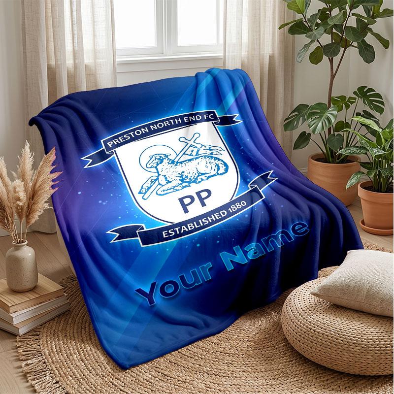 Preston North End Custom Name Text Flannel Blanket Soccer Logo Personalized Fleece Throw Blanket Special Gift For Sofa Bedroom Home